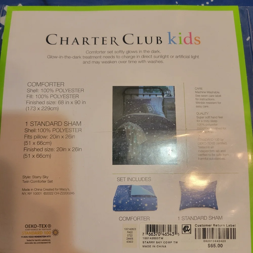 Charter Club Kid Starry Sky 2Pc Comforter Set Twin/Twin Xl Blue Glow-in-the-Dark
